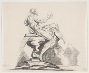 Mandlig skægget figur med gevandter set bagfra på en fontæne af Jacques Francois Joseph Saly