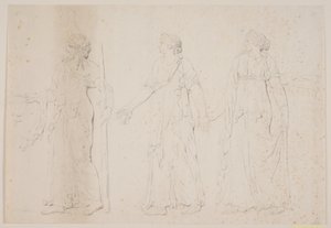 Offerhandling (?) Tre gående figurer i græske gevandter. Forrest en mand bærende en amfora og en stav eller fakkel, derefter to kvinder af Jacques Francois Joseph Saly