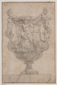 Prydvase med Pan, faun og nymfe. Kopi efter Pl. 14 i suiten af de i 1746 af Saly tegnede vaser. "Vasa a se inventa..."