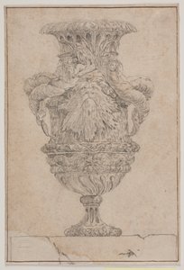 Prydvase med stort hoved, havgud og vandnymfe. Kopi efter Pl. 26 i suiten af de i 1746 af Saly tegnede vaser. "Vasa a se inventa..." af Jacques Francois Joseph Saly