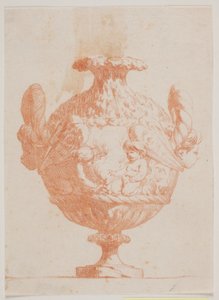 Prydvase med to hoveder og to putti. Kopi efter pl. 19 i suiten af de i 1746 f Saly tegnede vaser. "Vasa a se inventa..."