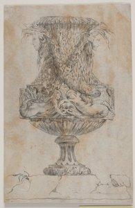 Prydvase med to hoveder og to vandnymfer. Kopi efter Pl. 20 i suiten af de i 1746 af Saly tegnede vaser. "Vasa a se inventa..." af Jacques Francois Joseph Saly