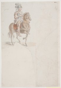 Rytter i romersk dragt med fjerprydet hjelm. Desuden to svage rødkridtsrids af stående og halvknælende mænd. af Jacques Francois Joseph Saly