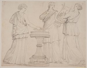 Tre kvinder i græske gevandter ved et alter. Kvinden t.v. med en tavle (?), i midten med en krone, t.h. med en lyre (terpsichore?) af Jacques Francois Joseph Saly
