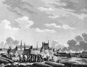 Fransk revolution: Vendéernes angreb på Nantes den 29. juni 1793. Gravering af Berthaut efter Swebach Paris, biblioteket ved Institut for Revolutionshistorie af Jacques Francois Joseph Swebach