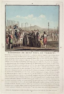Henri II (1519-59) modtager nøglerne til Metz, Toul og Verdun (1552), indgraveret af Jean Baptiste Morret (fl.1790-1820), 1790 (farvet litho)