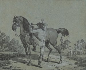 Mand, der sætter op på en hest,.