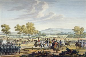 Den kejserlige garde manøvrerer i nærvær af de to kejsere ved Tilsit, 28. juni 1807, indgraveret af Edme Bovinet (1767-1832) (akvatint) af Jacques Francois Joseph Swebach