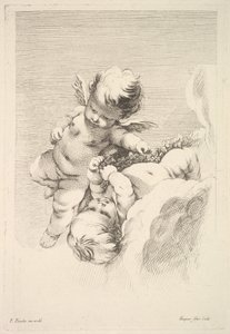 Two Cupids, One Holding a Wreath, midten til slutningen af det 18. århundrede. af Jacques Gabriel Huquier