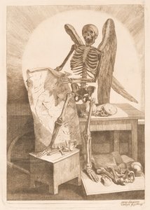 Et bevinget skelet, der holder en anatomisk tegning
