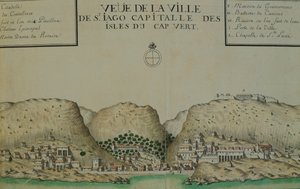 Byen Saint Jago (Santiago) på Kap Verde, akvarel fra logbogen ført af Jacques Gouin de Beauchesne, skibskaptajn i Sydhavet fra 1698 til 1701.