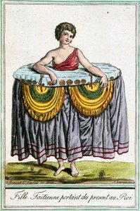 Ung kvinde tilbyder gaver til kongen, Tahiti, Society Islands, gravering fra Encyclopedia of voyages, af Jacques Grasset de Saint-Sauveur (1757-1810) af Jacques Grasset de Saint-Sauveur