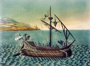Duilius Corvus (boarding enhed) på romersk kabys krigsskib, af Jacques Grasset de Saint-Sauveur (1757-1810), gravering fra det antikke Rom