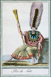King of Tahiti, Society Islands, farvestik fra tegning af Labrousse (aktiv 1796) fra Encyclopedie des Voyages af Jacques Grasset de Saint-Sauveur (1757-1810) af Jacques Grasset de Saint-Sauveur