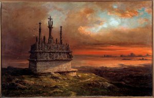 Golgata Tronoen i solnedgangsmaleriet af Jacques Guiaud (1811-1876) Brest fra det 19. århundrede, Musee des Beaux Arts