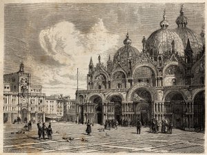 Pladsen og Markuskirken (Saint Mark), tegning af Jacques Guiaud (1810-1876), for at illustrere Adalbert de Beaumonts rejse til Venedig, omkring 1850. Indgravering i “” Le tour du monde””, redigeret af Edouard Charton af Jacques Guiaud