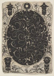 Oval kasse dekoreret med Schweifwerk i to varianter, omgivet af mindre motiver..., ca. 1614-19.