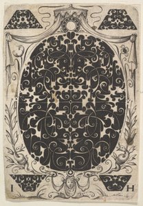 Ovalt vedhæng dekoreret med Schweifwerk, omgivet af mindre motiver og kronet b..., ca. 1614-19.