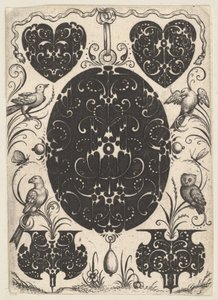 Ovalt vedhæng dekoreret med Schweifwerk, omgivet af mindre motiver og fire fugle, ca. 1614-19.