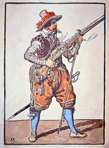 Arquebusier bevæbnet med matchlock-musket, illustration fra 
