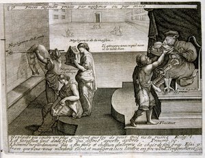 Graveret illustration fra det 17. århundrede fra en samling ordsprog. Paris 1657-1663. Af Jacques Lagniet (1620-1675). Fransk kobberstikker. Fra ham stammer mange samfundskritiske stik og hånlige billeder som hans til tider groteske og fantastiske illustra