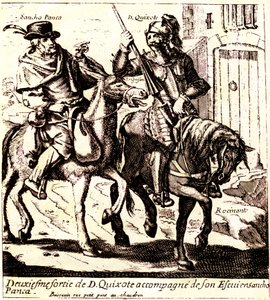 Don Quijote på Rossinante, ledsaget af Sancho Panca på sit æsel Grison, ca. 1640 (illustration) af Jacques Lagniet
