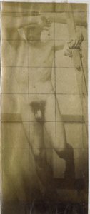 Studie af en mandlig nøgenmodel, hængende på et træstillads, i Jacques de Lalaings studie af Jacques Lalaing (attributed to)