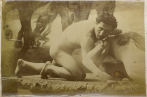Studie af en mandlig nøgenmodel, liggende på gulvet og brydning med en mannequin, i Jacques de Lalaings atelier, mulig forundersøgelse til maleriet Wrestlers af Jacques Lalaing (attributed to)