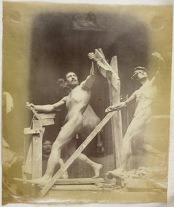 Studie af en mandlig nøgenmodel i et stillads, set fra siden og ved siden af ​​en gipsmodel i samme positur, i Jacques de Lalaings studie af Jacques Lalaing (attributed to)