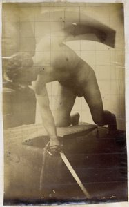 Studie af en mandlig nøgenmodel, på knæ med et sværd og skjold i hænderne, i Jacques de Lalaings værksted af Jacques Lalaing (attributed to)