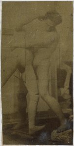 Studie af en mandlig nøgenmodel, stående og brydning med en mannequin, i Jacques de Lalaings studie, muligvis forundersøgelse til maleriet Wrestlers af Jacques Lalaing (attributed to)