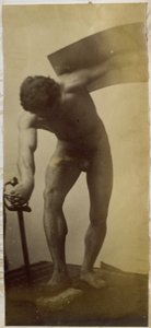Studie af en mandlig nøgenmodel, stående bøjet med sværd og skjold i hænderne, i Jacques de Lalaings studie af Jacques Lalaing (attributed to)