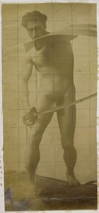 Studie af en mandlig nøgenmodel, stående med sværd og skjold i hænderne, i Jacques de Lalaings studie af Jacques Lalaing (attributed to)