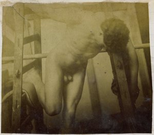 Studie af en mandlig nøgenmodel, der læner sig frem i et træstillads, i Jacques de Lalaings studie af Jacques Lalaing (attributed to)