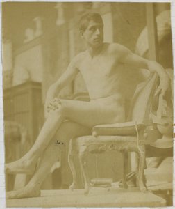 Studie af en mandlig nøgenmodel, siddende på en lænestol og set bagfra, i Jacques de Lalaings studie af Jacques Lalaing (attributed to)