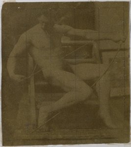 Studie af en mandlig nøgenmodel siddende på et trin, set forfra med et reb og sløjfe på skødet, i Jacques de Lalaings studie af Jacques Lalaing (attributed to)