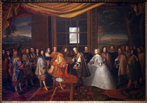 Trediveårskrig: "" Interview med kongen af Frankrig Ludvig XIV (1638-1715) og Filip IV af Spanien (1605-1665) på øen Paisans den 7/11/1659"" Spanien indvilliger i at underskrive traktaten om Pyrenæerne. Datter af Philip IV, Marie Therese (Marie-Therese) af Jacques Laumosnier
