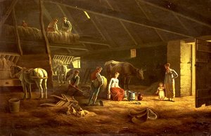 En mælkepige, gårdmænd og plovheste i en lade af Jacques Laurent (circle of) Agasse