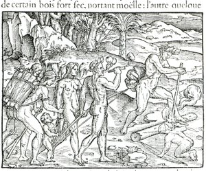 Indianer gør ild efter jagt, graveret af Theodor de Bry (1525-75) af Jacques Le Moyne