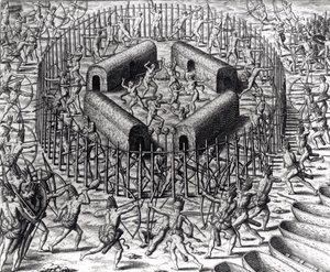 Johannes Staden hjælper med at forsvare indianerne, der fangede ham mod Tuppin Tkins, indgraveret af Theodore de Bry (1528-98), fra 