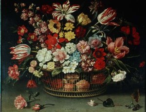 En kurv med blomster (olie på lærred)