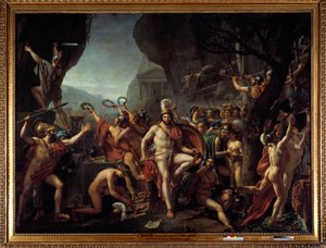 Leonidas til Thermopyls Episode af Thermopyls-slaget i 480 f.Kr., der modsatte grækerne til perserne af Xerxes I, Leonidas I, konge af Sparta, holder sine arme, sidder på en klippe, nær Herkules-alteret, i ryggen en troppe af spartanere går videre til t af Jacques Louis David