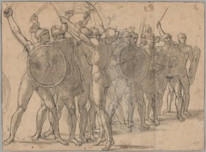 Nøgne soldater gestikulerer med deres våben (recto); To draperistudier til figuren af Tatius (verso) af Jacques Louis David