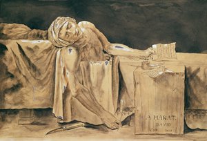 Marats død, 1793 (pen og blæk og wc på papir) af Jacques Louis David