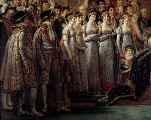 Napoleons rite. Detalje der forestiller kejserens brødre og søstre under kejser Napoleon I Bonapartes helligdom og kroningen af Imperatrice Josephine ved Notre-Dame de Paris den 2. december af Jacques Louis David
