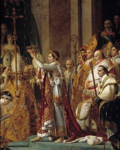 Napoleons rite. Detalje af Napoleon, der bærer kronen under kejser Napoleon I Bonapartes helligdom og kroningen af Imperatrice Josephine ved Notre-Dame de Paris den 2. december af Jacques Louis David