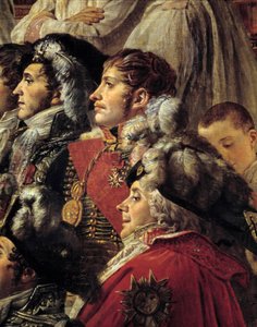 Napoleons rite. Detalje, der repræsenterer Auguste Jean-Gabriel de Caulaincourt (1777-1809), Eugene Rose de Beauharnais dit Prins Eugene (1781-1824) og Charles Maurice de Talleyrandt-Perigord dit Talleyrand (1754-1838) under kejser Napoleons kroning af Jacques Louis David