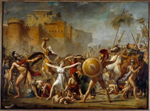 Sabinerne mellem deres romerske ægtemænd (til højre) og deres sabinske brødre (til venstre) og viser dem deres børn - Maleri af Jacques-Louis (Jacques Louis) David (1748-1825) af Jacques Louis David