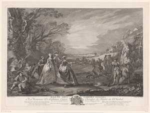 Landskab med fire figurer på besøg i en hærlejr Stop des Gardes Suisses (titel på objekt) af Jacques Philippe Le Bas