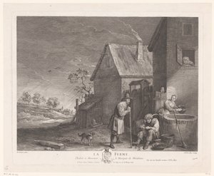 To mænd og en kvinde foran brønden ved en gård La Ferme (titel på objekt)